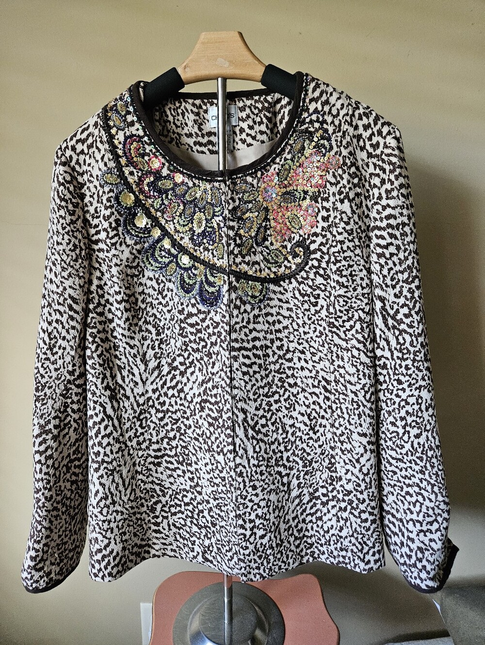 Vintage Chico's Leopard Print Sequin Beaded Jacket Blazer - Size 2/Large 12